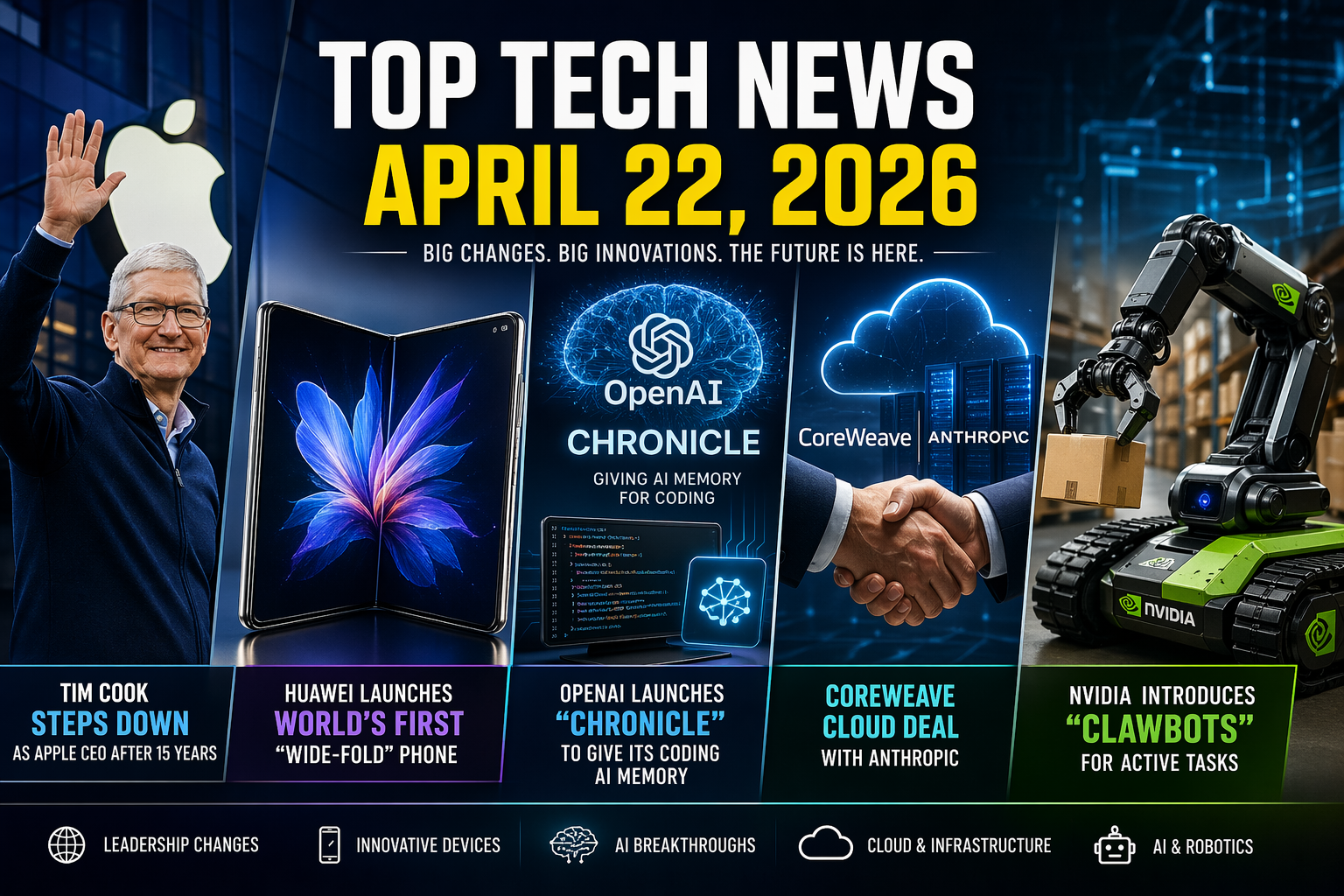 Top Tech News April 2026: Apple Leadership Change, Huawei’s New Foldable Phone, and Major AI Breakthroughs
